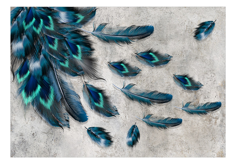 Photo Wallpaper In the wind - blown blue feathers on a concrete textured background 136313 additionalImage 1