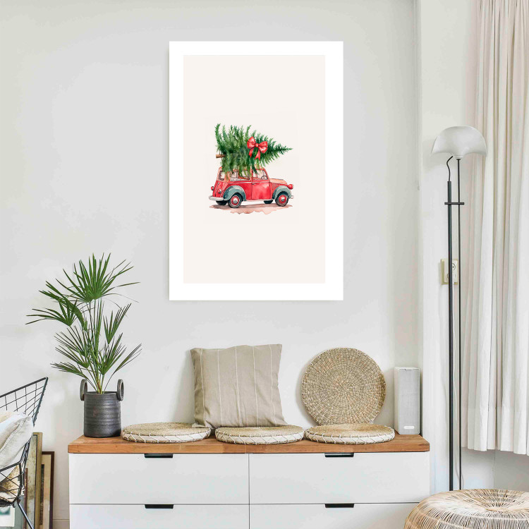 Wall Poster Christmas Transport - Watercolor Red Car With a Christmas Tree on the Roof 151713 additionalImage 22