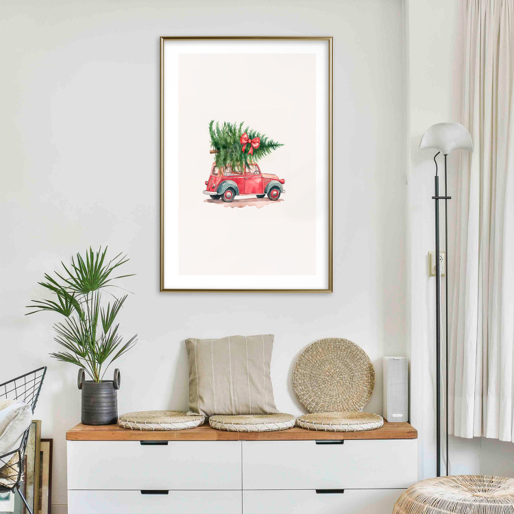 Wall Poster Christmas Transport - Watercolor Red Car With a Christmas Tree on the Roof 151713 additionalImage 24
