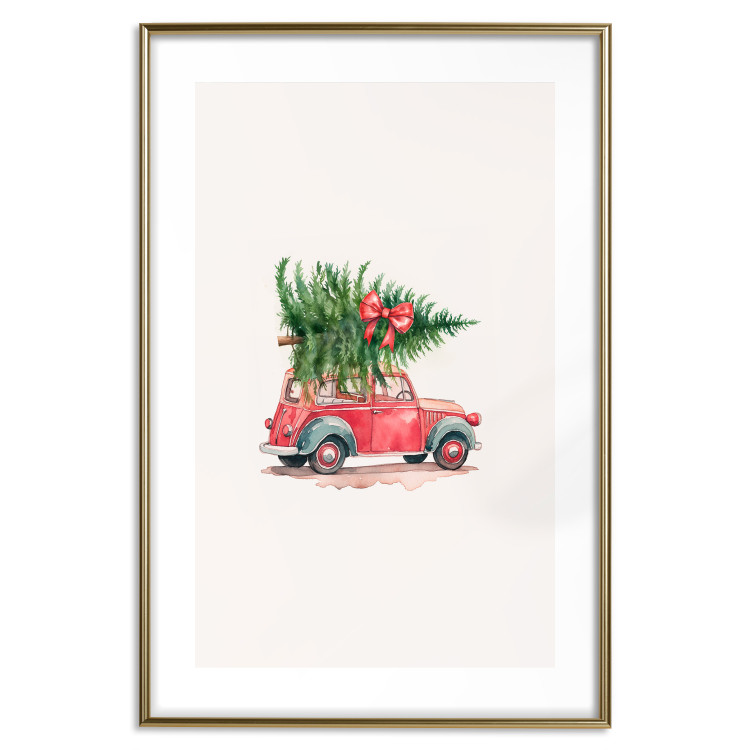 Wall Poster Christmas Transport - Watercolor Red Car With a Christmas Tree on the Roof 151713 additionalImage 12
