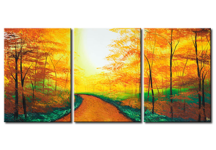 Canvas Path through the Forest (3-piece) - autumn nature with trees and leaves 46613