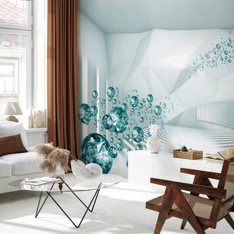 Wall Mural Corridor - white 3D geometric abstraction with blue diamonds 62513