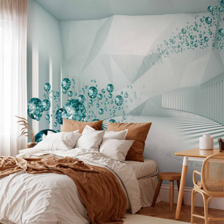 Wall Mural Corridor - white 3D geometric abstraction with blue diamonds 62513 additionalImage 2
