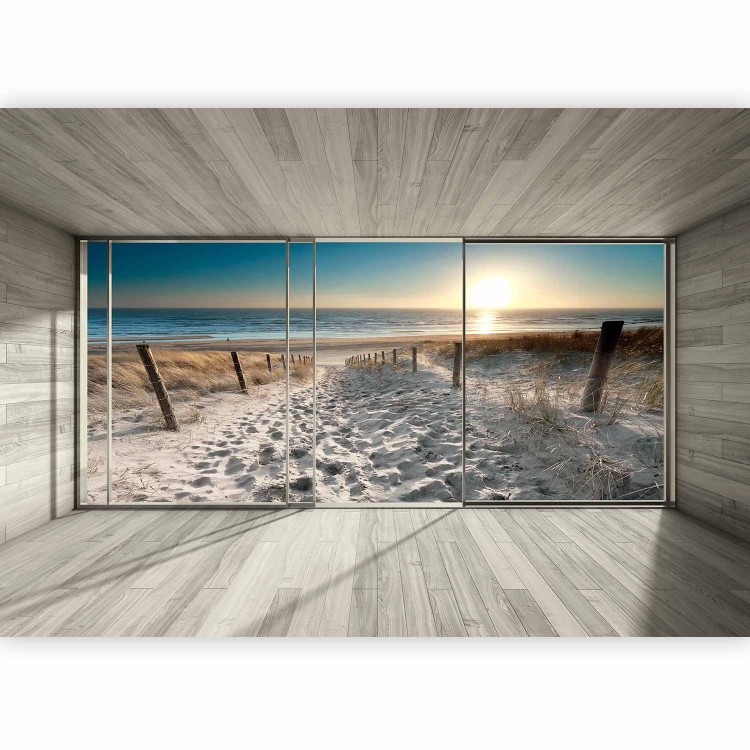 Photo Wallpaper View from the window - 3D landscape with sunrise beach and grey effect 93113 additionalImage 1
