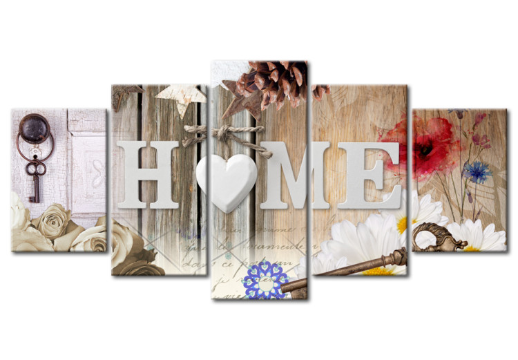 Canvas Key to the Heart (5-part) - Floral Motif Text on Wood Background 94913