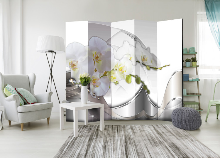 Folding Screen Pearl Orchid Dance II - white orchid flowers on an abstract background 95613 additionalImage 4