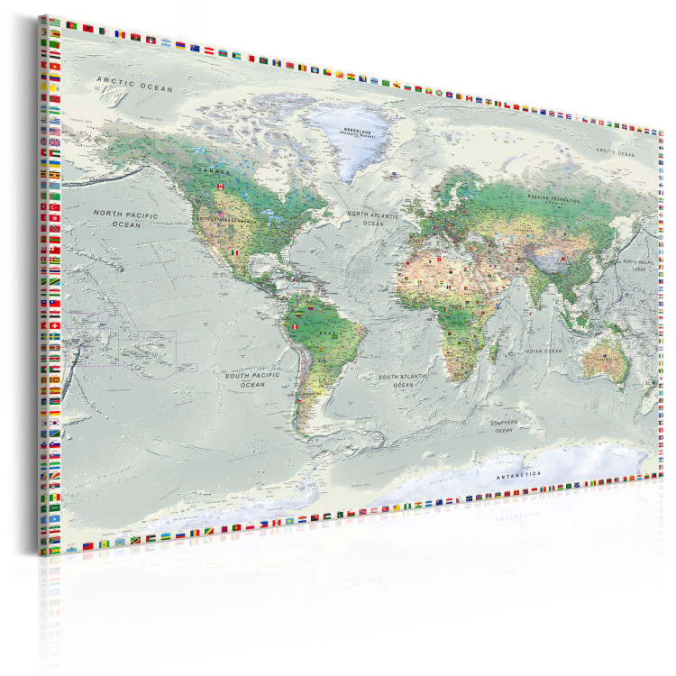 Canvas Art Print World Map: Graphite Currents - Continents with Small Country Flags 98013 additionalImage 2