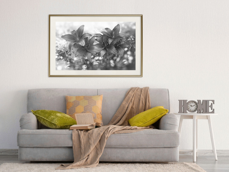 Wall Poster Silver Bouquet - black and white composition with flowers on a glossy background 118423 additionalImage 21