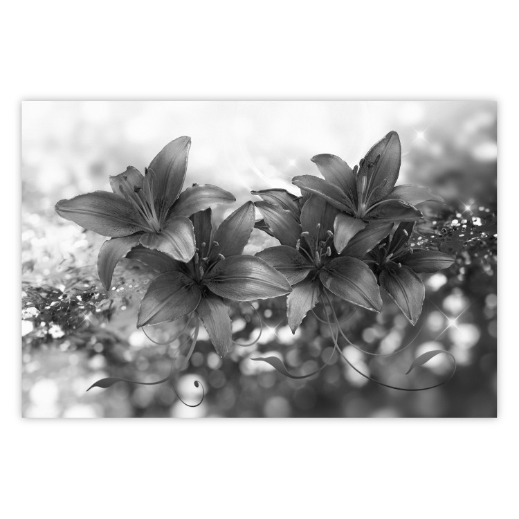 Wall Poster Silver Bouquet - black and white composition with flowers on a glossy background 118423