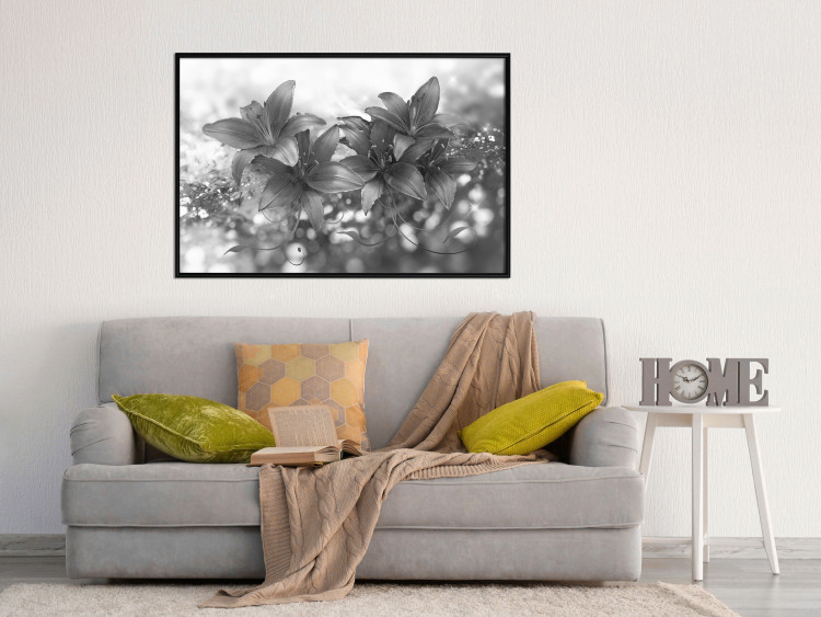Wall Poster Silver Bouquet - black and white composition with flowers on a glossy background 118423 additionalImage 3