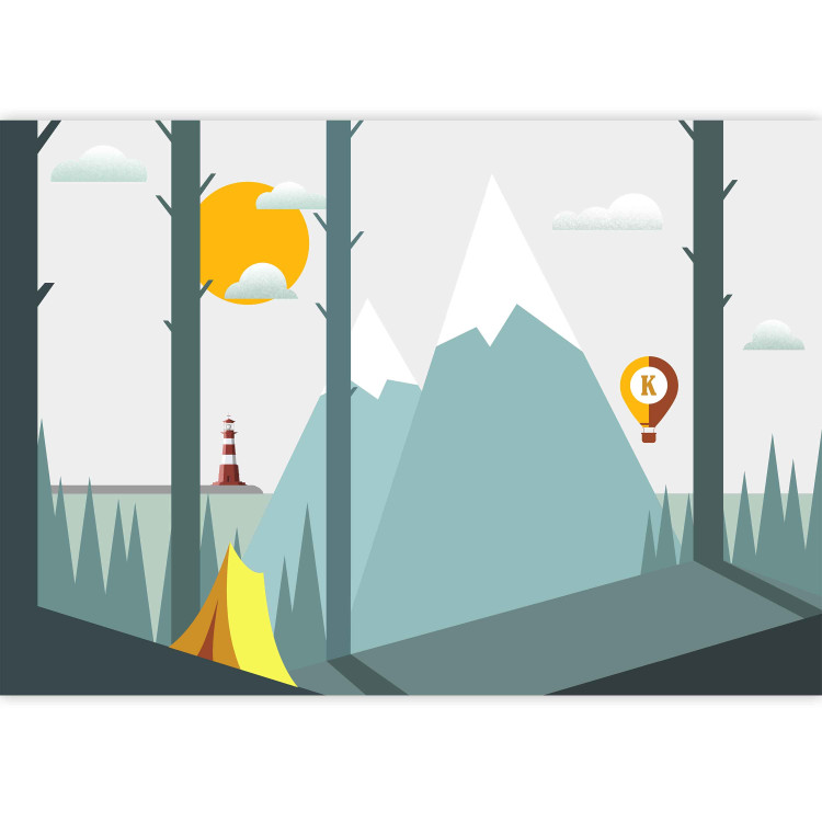Wall Mural On a camping trip - a colourful landscape with mountains and a yellow balloon on a white background 122923 additionalImage 4