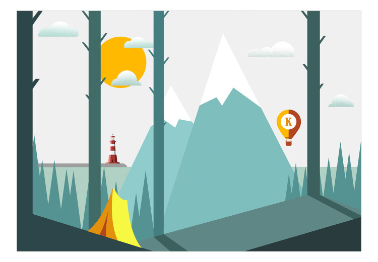 Wall Mural On a camping trip - a colourful landscape with mountains and a yellow balloon on a white background 122923 additionalImage 1