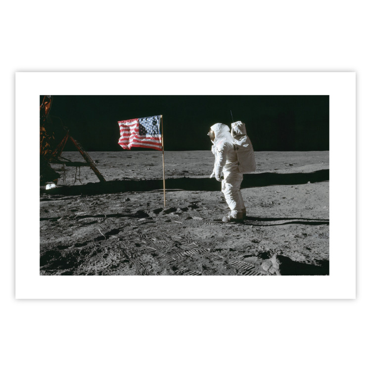 Poster Always First - photograph of man on the moon next to American fla 123523 additionalImage 25