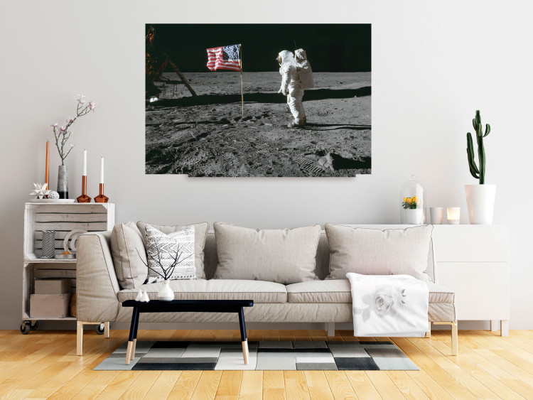 Poster Always First - photograph of man on the moon next to American fla 123523 additionalImage 23