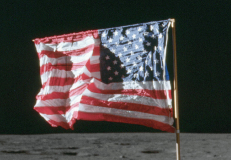 Poster Always First - photograph of man on the moon next to American fla 123523 additionalImage 9