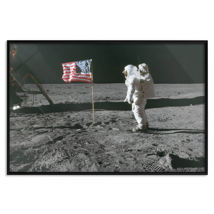 Poster Always First - photograph of man on the moon next to American fla 123523 additionalImage 18