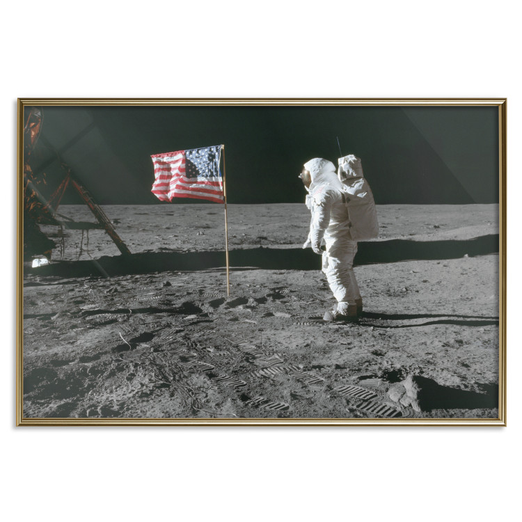 Poster Always First - photograph of man on the moon next to American fla 123523 additionalImage 16