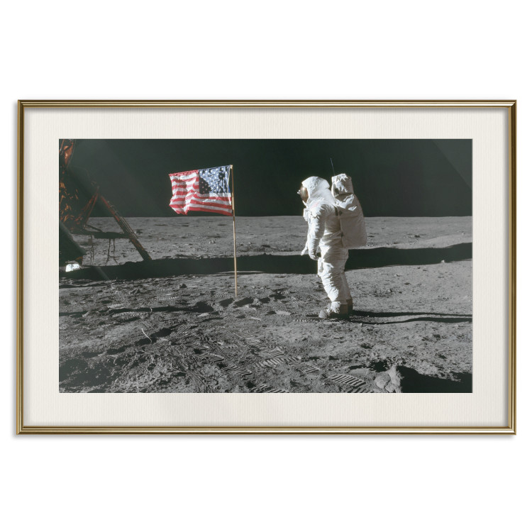 Poster Always First - photograph of man on the moon next to American fla 123523 additionalImage 19