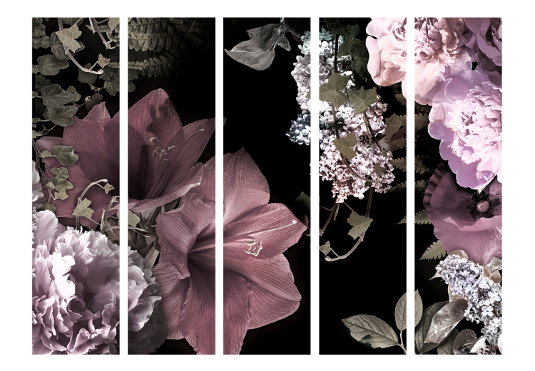 Room Divider Flowers from the Past II (5-piece) - pink flowers on a black background 124023 additionalImage 3