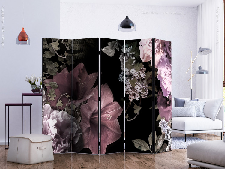 Room Divider Flowers from the Past II (5-piece) - pink flowers on a black background 124023 additionalImage 2