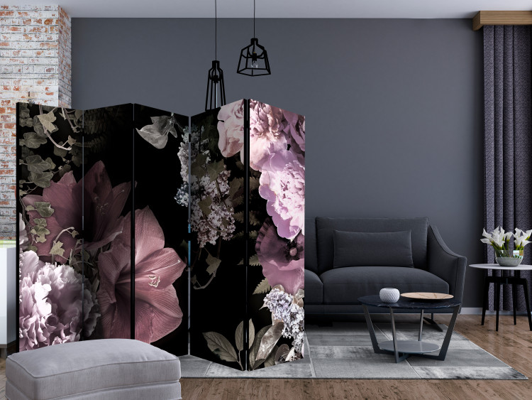 Room Divider Flowers from the Past II (5-piece) - pink flowers on a black background 124023 additionalImage 4