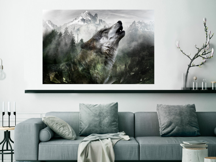 Poster Howling Wolf - wild animal against a forest landscape and high mountains 126023 additionalImage 20