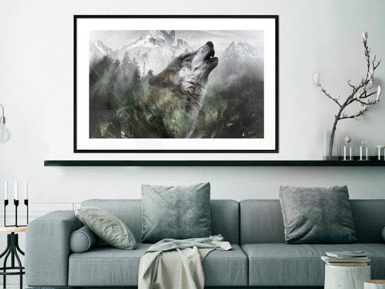 Poster Howling Wolf - wild animal against a forest landscape and high mountains 126023 additionalImage 6