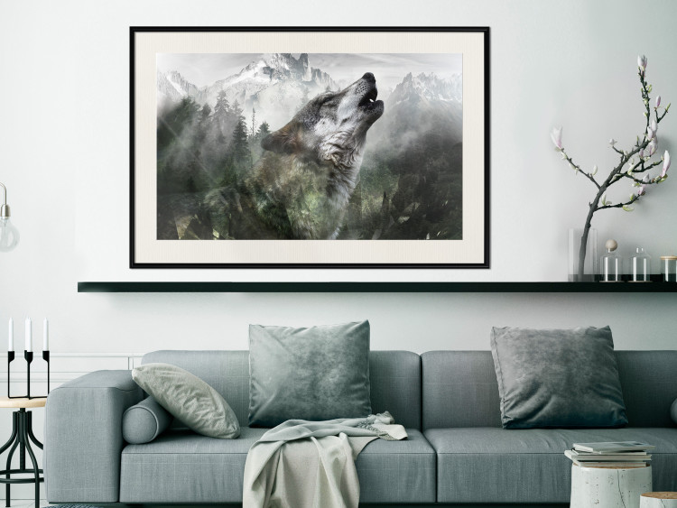 Poster Howling Wolf - wild animal against a forest landscape and high mountains 126023 additionalImage 21