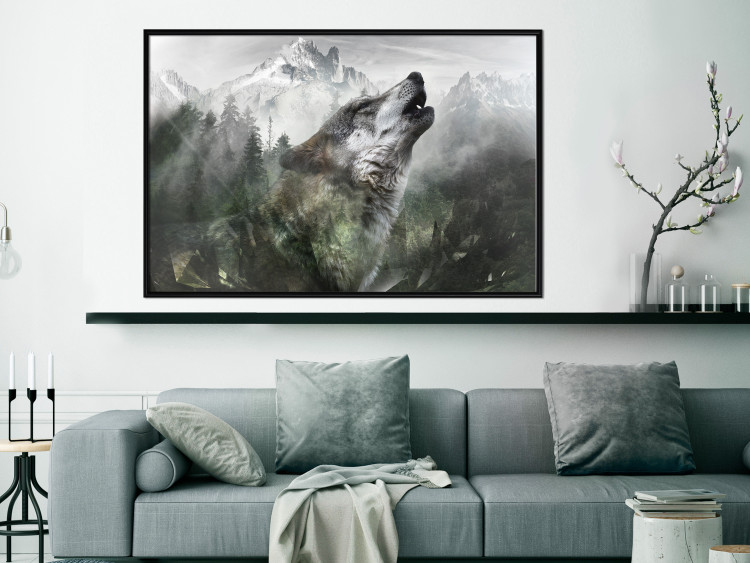 Poster Howling Wolf - wild animal against a forest landscape and high mountains 126023 additionalImage 3