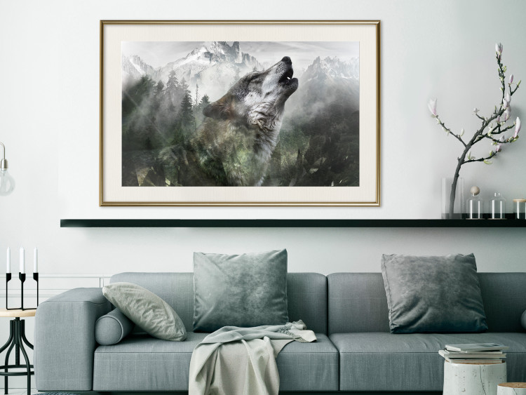 Poster Howling Wolf - wild animal against a forest landscape and high mountains 126023 additionalImage 22