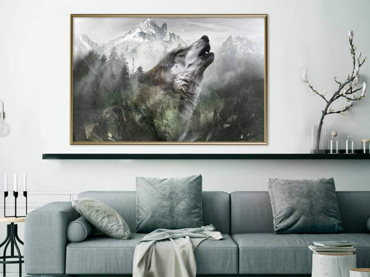 Poster Howling Wolf - wild animal against a forest landscape and high mountains 126023 additionalImage 7