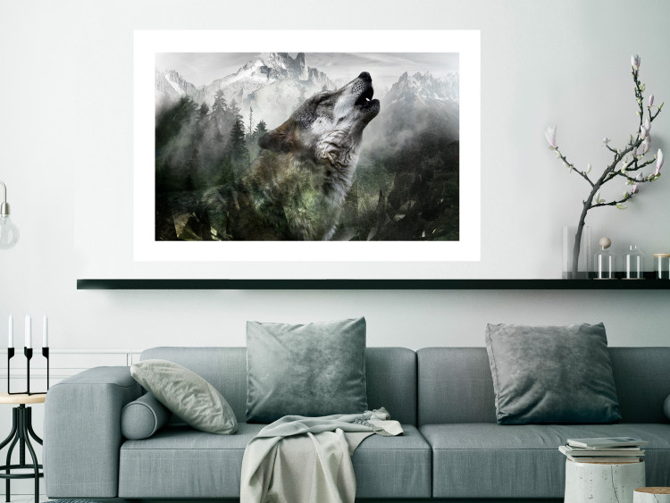 Poster Howling Wolf - wild animal against a forest landscape and high mountains 126023 additionalImage 2
