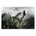 Poster Howling Wolf - wild animal against a forest landscape and high mountains 126023