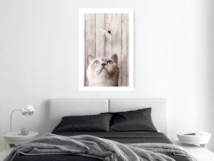 Poster Feline Nature - gray cat and flying butterfly on wooden planks 126223 additionalImage 4