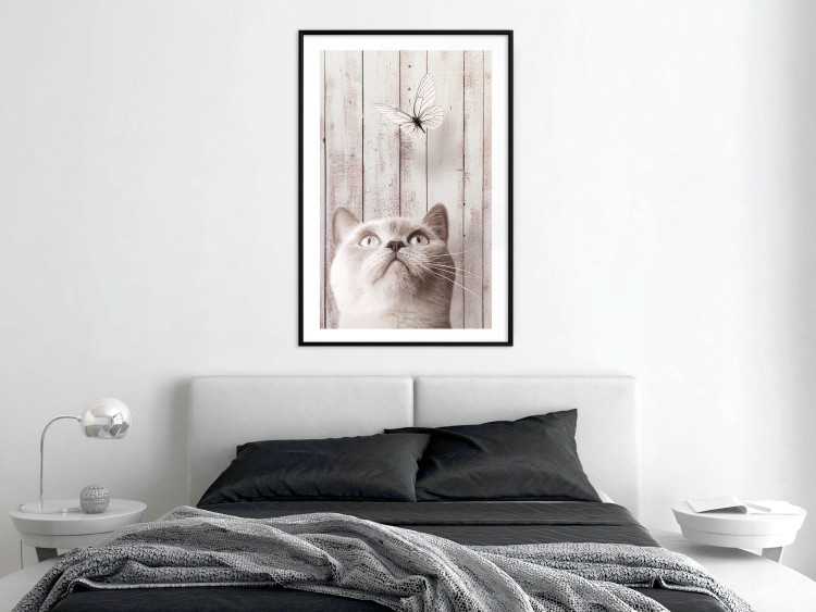 Poster Feline Nature - gray cat and flying butterfly on wooden planks 126223 additionalImage 4