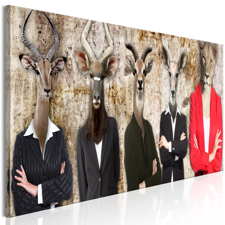 Canvas Print Animal faces - humen figures with animal heads on a brown background 128523 additionalImage 2