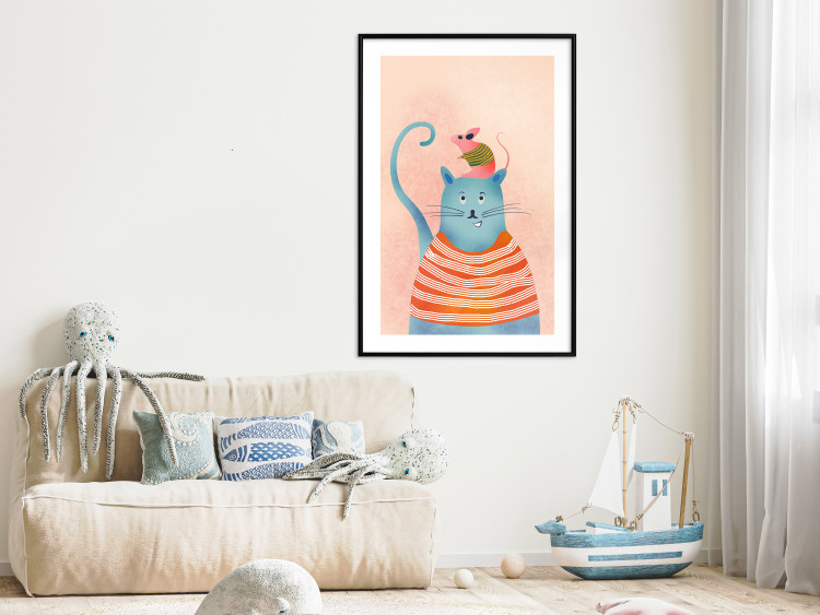 Poster Good Friends - funny blue cat and pink mouse on a light background 135723 additionalImage 13