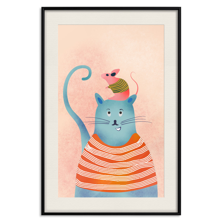 Poster Good Friends - funny blue cat and pink mouse on a light background 135723 additionalImage 3