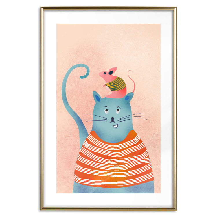 Poster Good Friends - funny blue cat and pink mouse on a light background 135723 additionalImage 4
