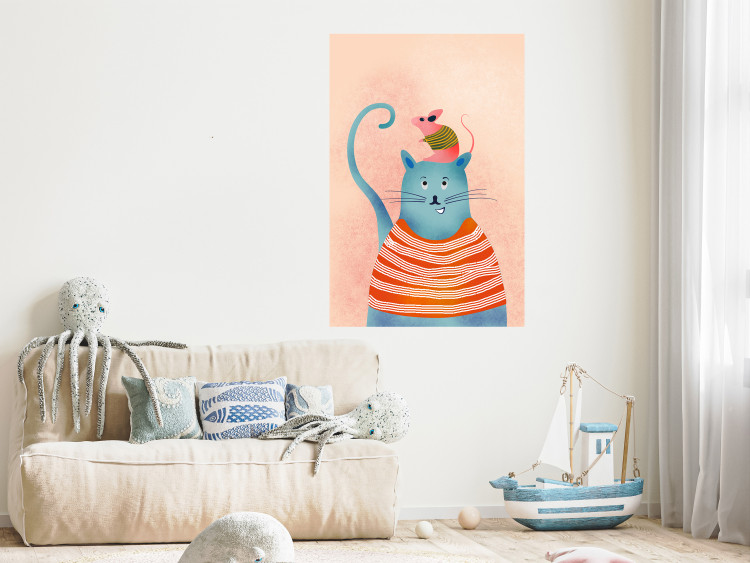 Poster Good Friends - funny blue cat and pink mouse on a light background 135723 additionalImage 17