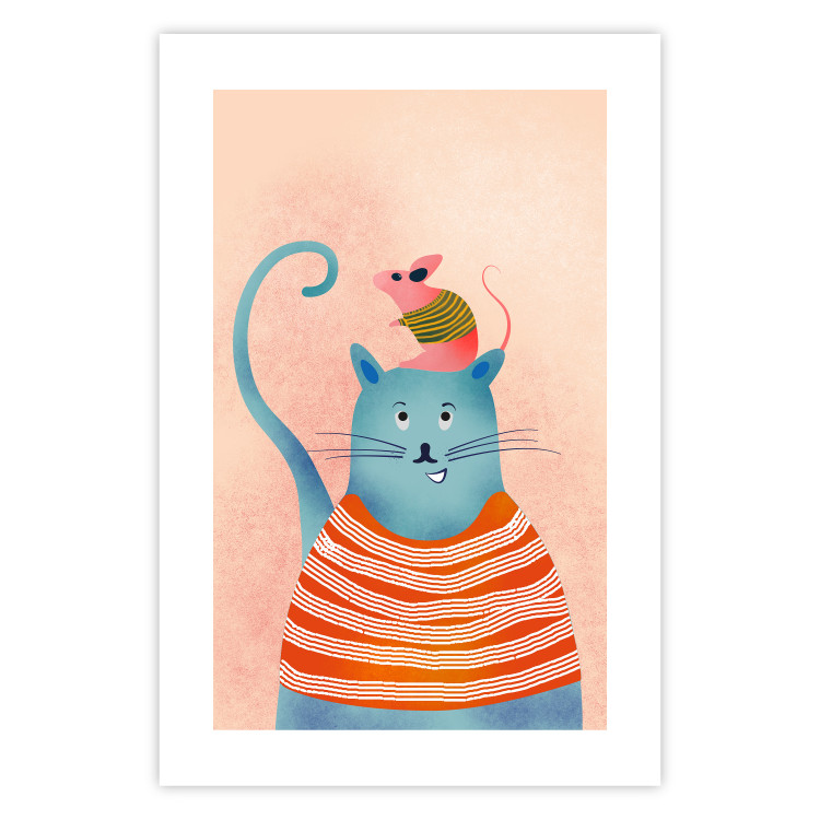 Poster Good Friends - funny blue cat and pink mouse on a light background 135723 additionalImage 27
