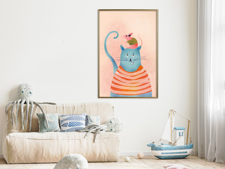 Poster Good Friends - funny blue cat and pink mouse on a light background 135723 additionalImage 9