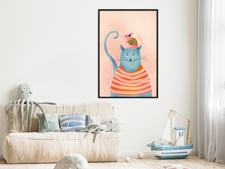 Poster Good Friends - funny blue cat and pink mouse on a light background 135723 additionalImage 10