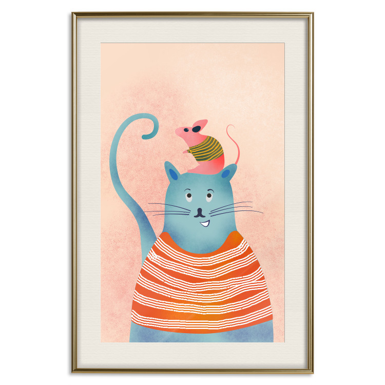 Poster Good Friends - funny blue cat and pink mouse on a light background 135723 additionalImage 2