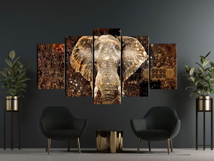 Canvas Art Print Golden Elephant (5-piece) Wide - massive animal and abstraction in the background 143423 additionalImage 3