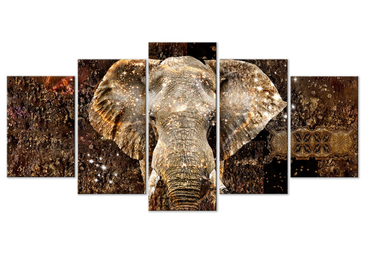 Canvas Art Print Golden Elephant (5-piece) Wide - massive animal and abstraction in the background 143423