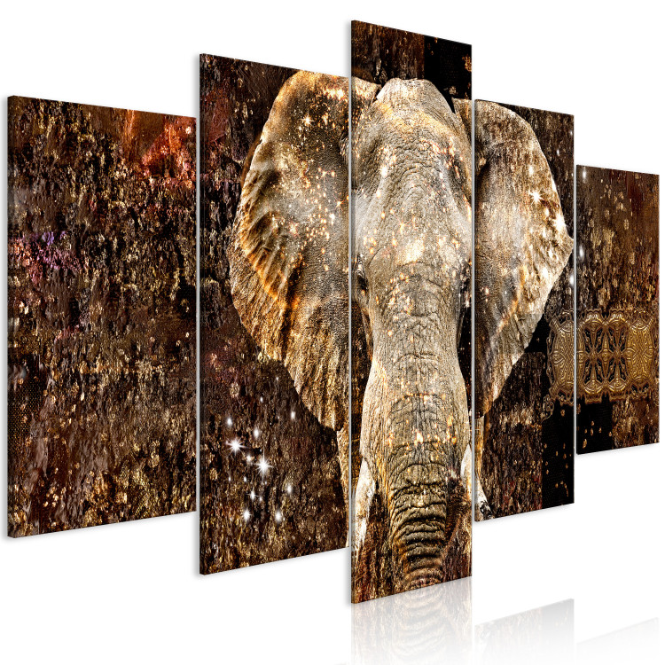Canvas Art Print Golden Elephant (5-piece) Wide - massive animal and abstraction in the background 143423 additionalImage 2