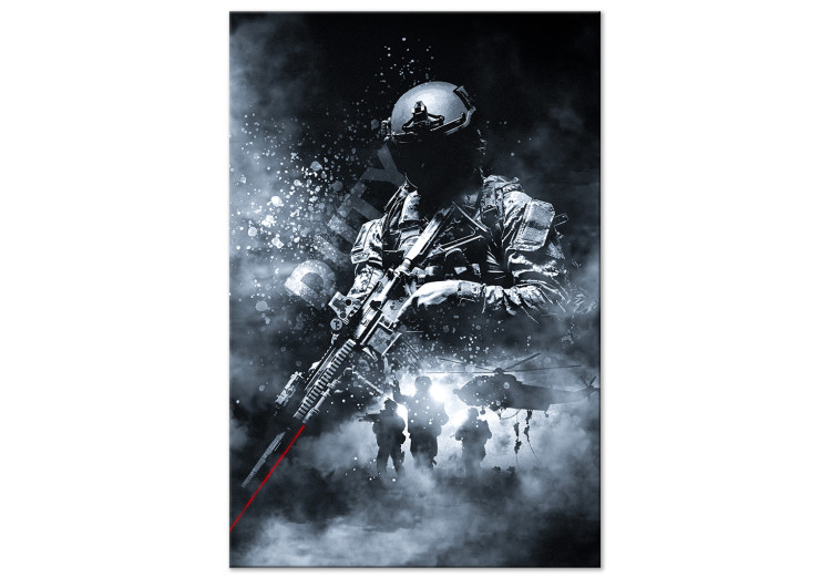 Canvas Print Soldiers (1-piece) - armed men and helicopter amidst smoke 148923