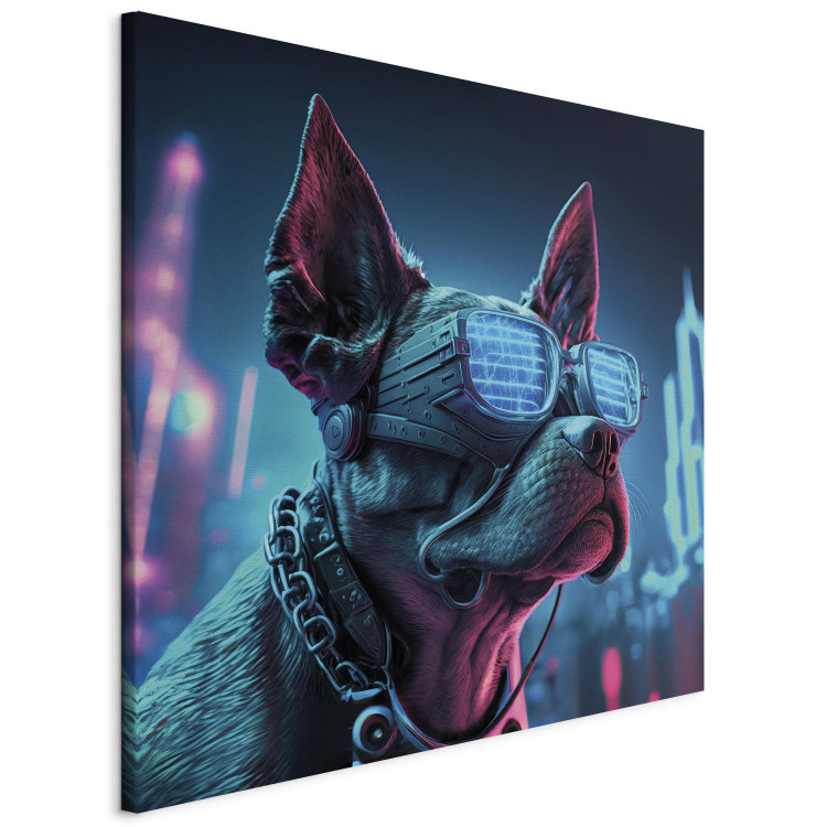 Canvas Print AI Dog Boston Terrier - Blue Animal in Glowing Glasses on City Neon Background - Square 150123 additionalImage 2