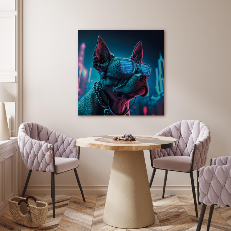 Canvas Print AI Dog Boston Terrier - Blue Animal in Glowing Glasses on City Neon Background - Square 150123 additionalImage 9
